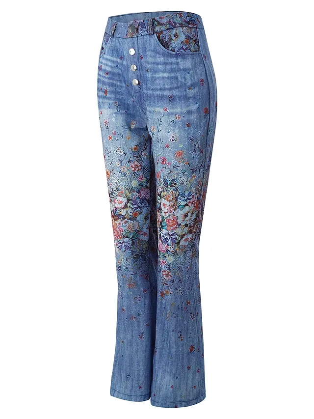 Women's Jeans Bootcut Flared Pants Full Length Faux Denim Print High Elasticity High Waist Fashion Streetwear Casual Daily 1 2 S M Fall & Winter