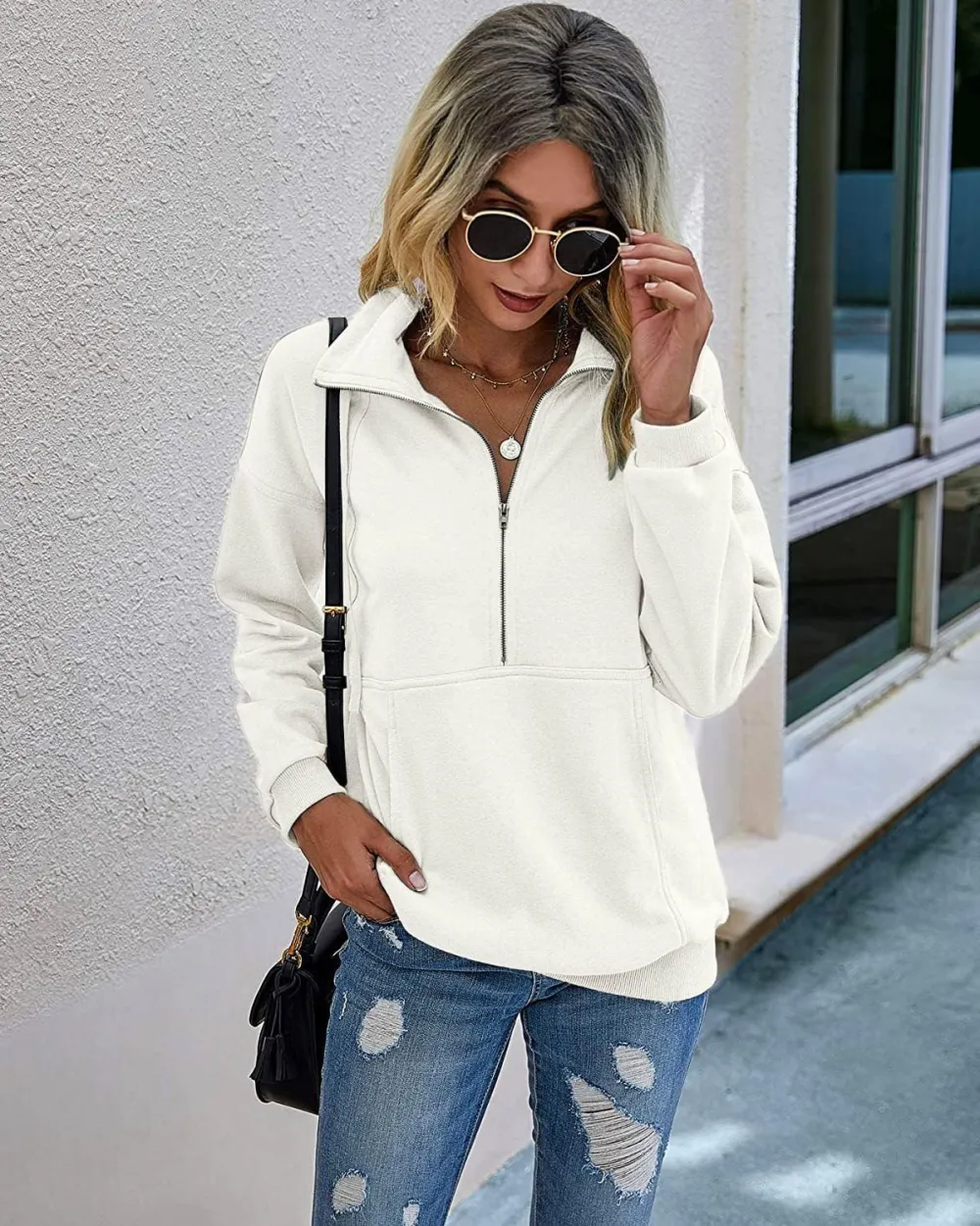 Women's Casual Long Sleeve Lapel Zipper Sweatshirt Drawstring Loose Pullover Tops