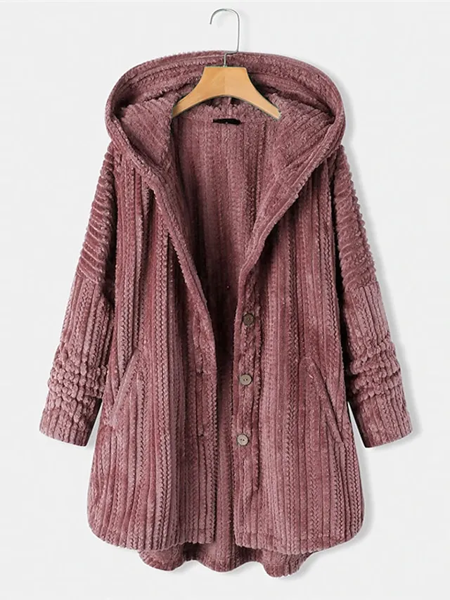 Women's Plus Size Teddy Coat Winter Coat Button Pocket Plain Outdoor Causal Long Sleeve Hoodie Regular Winter Fall Black Blue Khaki XL XXL 3XL 4XL 5XL