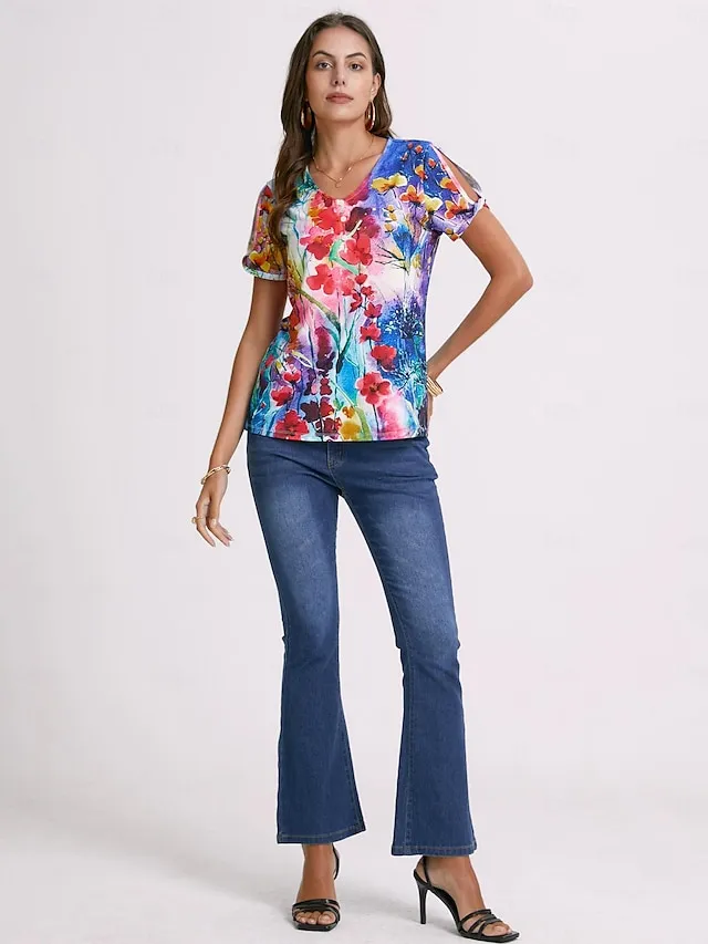 Women's T shirt Tee Floral Button Cut Out Print Holiday Weekend Basic Neon & Bright Short Sleeve V Neck Red