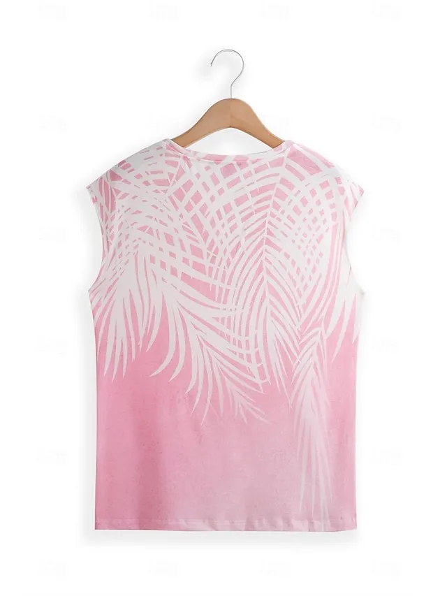 Women's T shirt Tee Leaf Print Vacation Tropical Hawaiian Short Sleeve V Neck White Summer