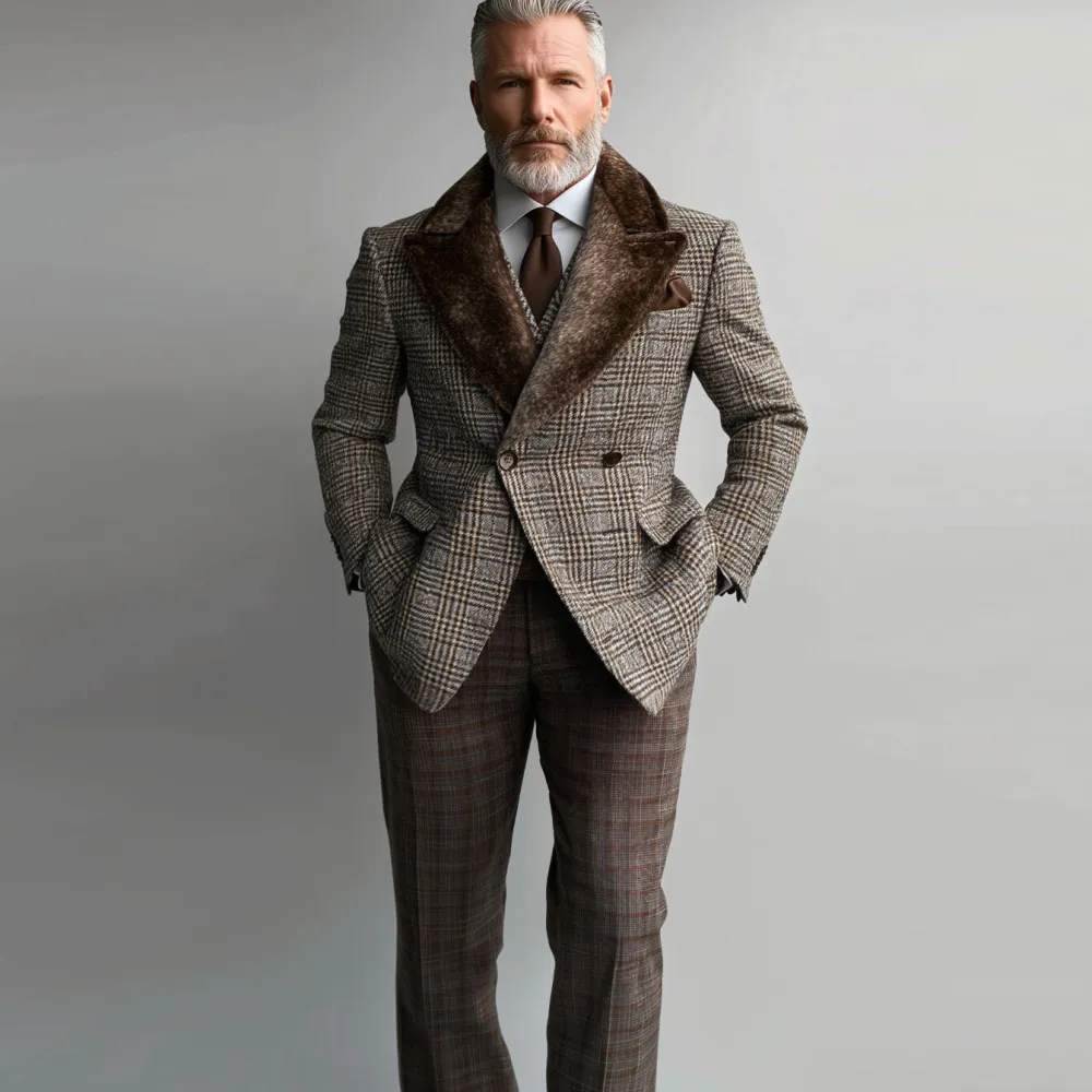 Men's Business Plush Peak Lapel Double Breasted Plaid Print Blazer