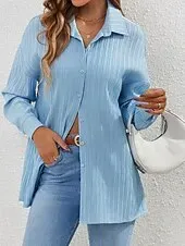 Women's Shirt Texture Blouse Plain Daily Stylish Basic Long Sleeve Shirt Collar Regular Tops Work Daily Holiday Buttons Blue Spring Fall