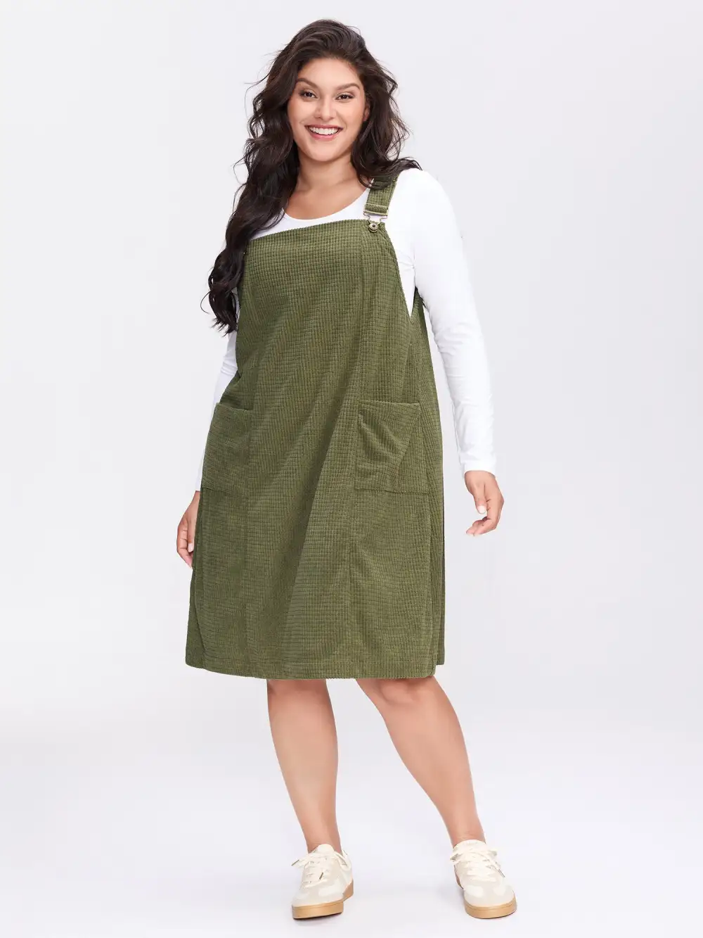 Textured Adjustable Overall Pockets Knee-Length Dress