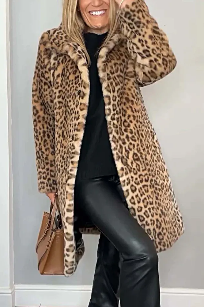 Women's Fashion Leopard Print Polar Fleece Warm Coat Jacket