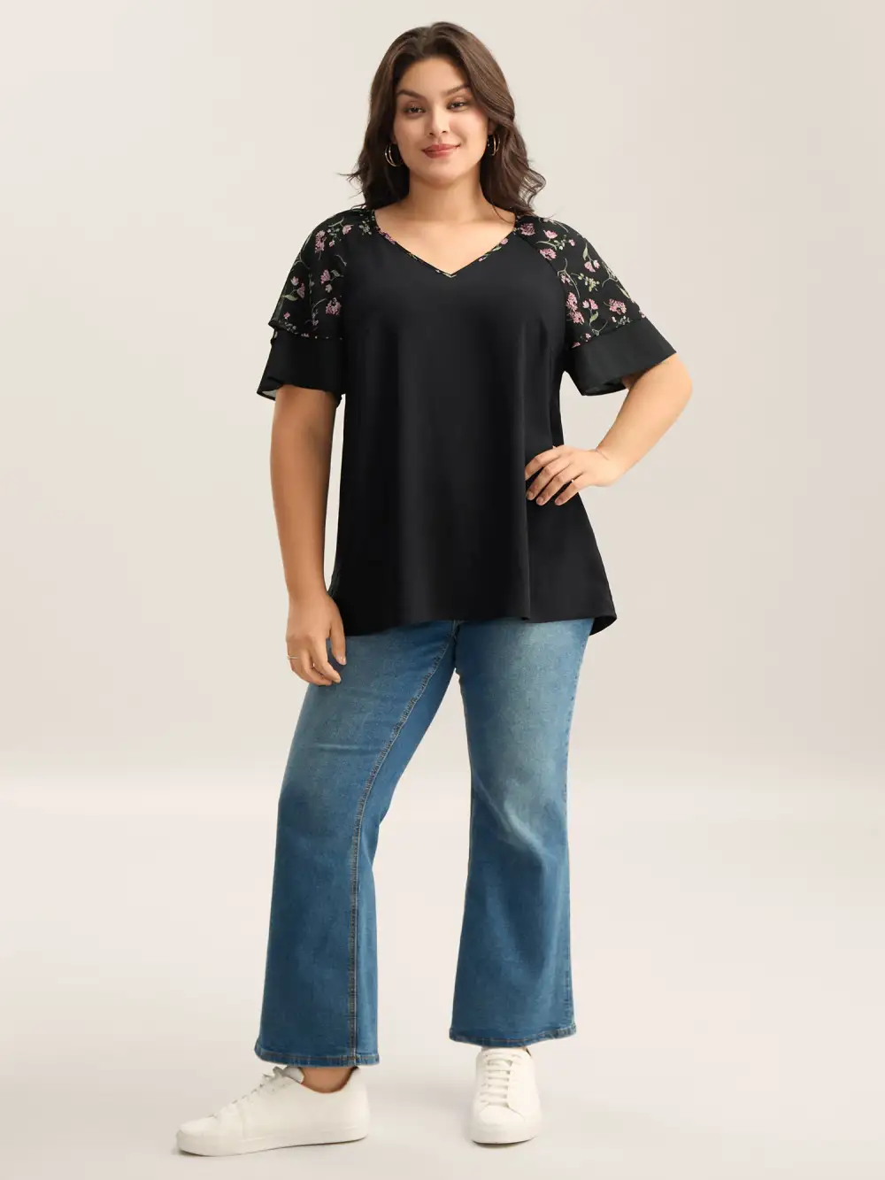 Floral Layered Sleeve Solid Blouse