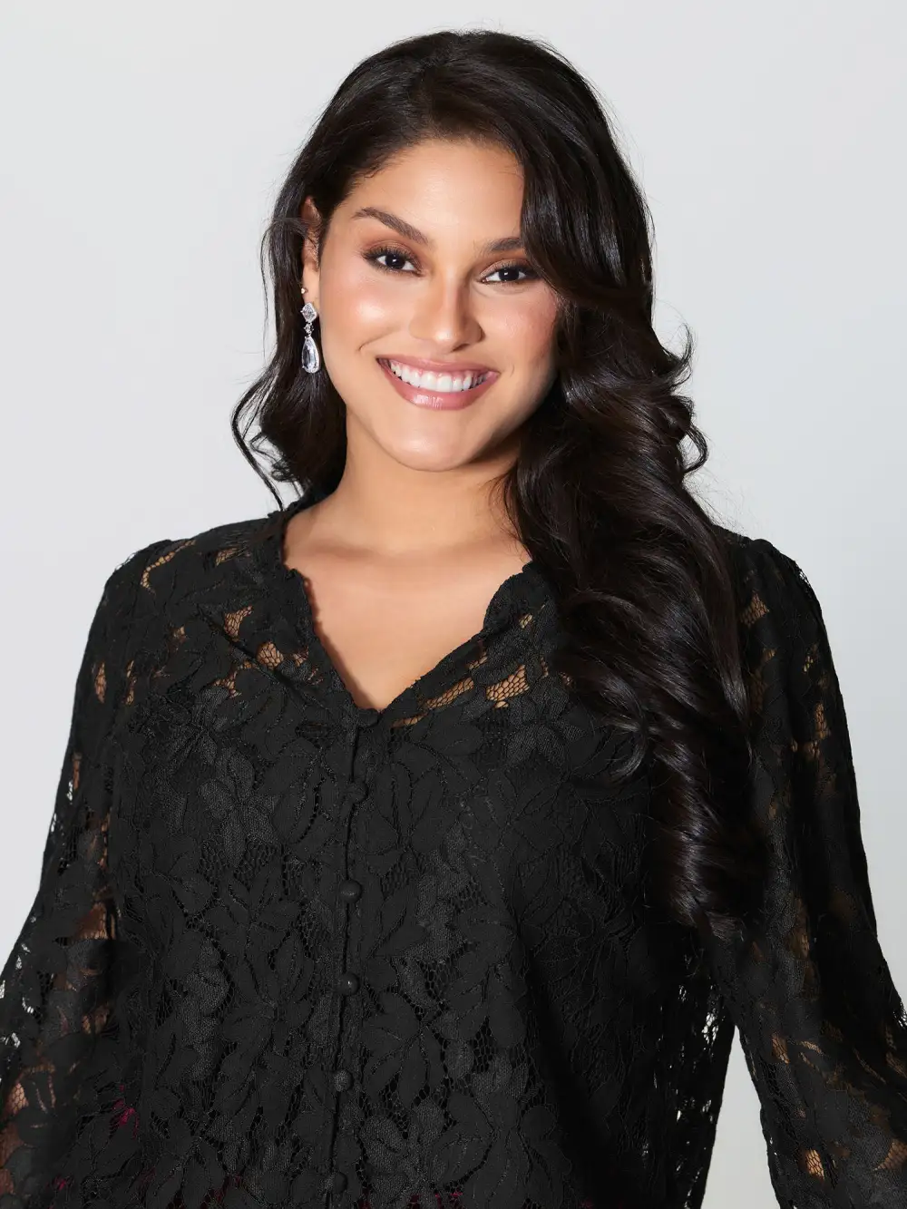 Lace Trim Sheer Ruffled Collar Button Shirt