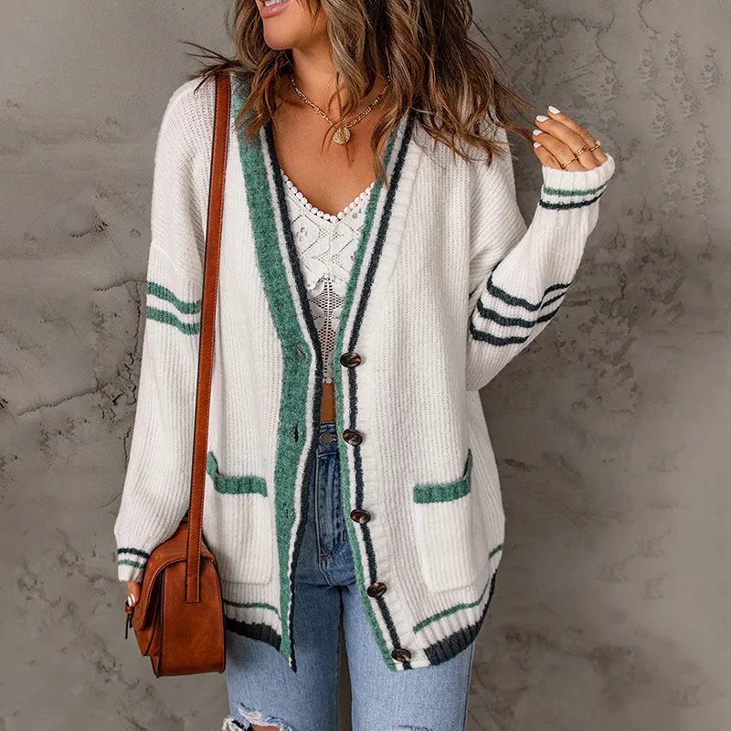Fashionable Casual Contrast Stripe Sweater Cardigan