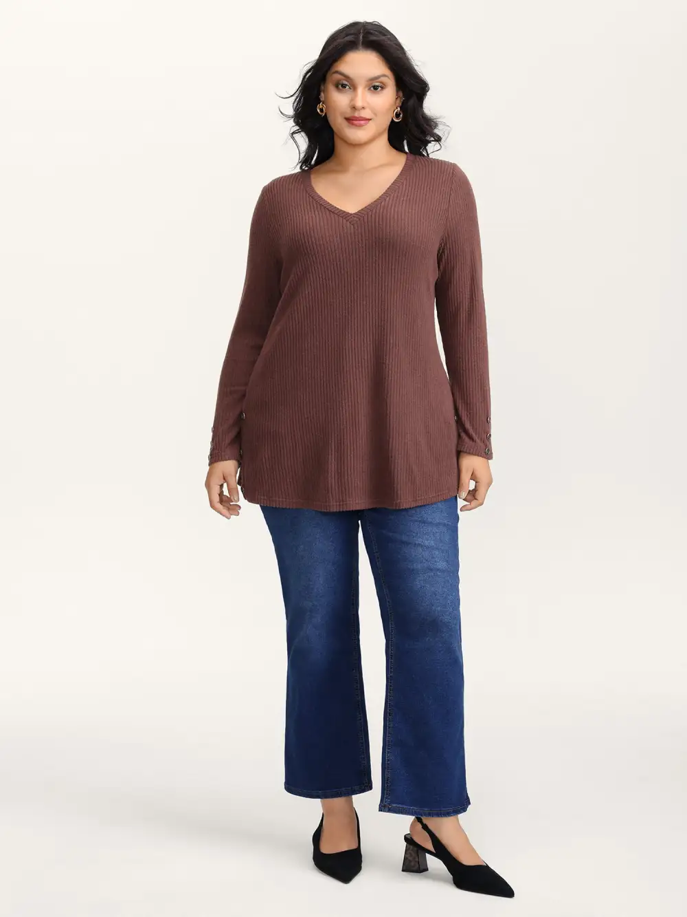 Stretchy Brushed Ribbed Button Detail T-Shirt