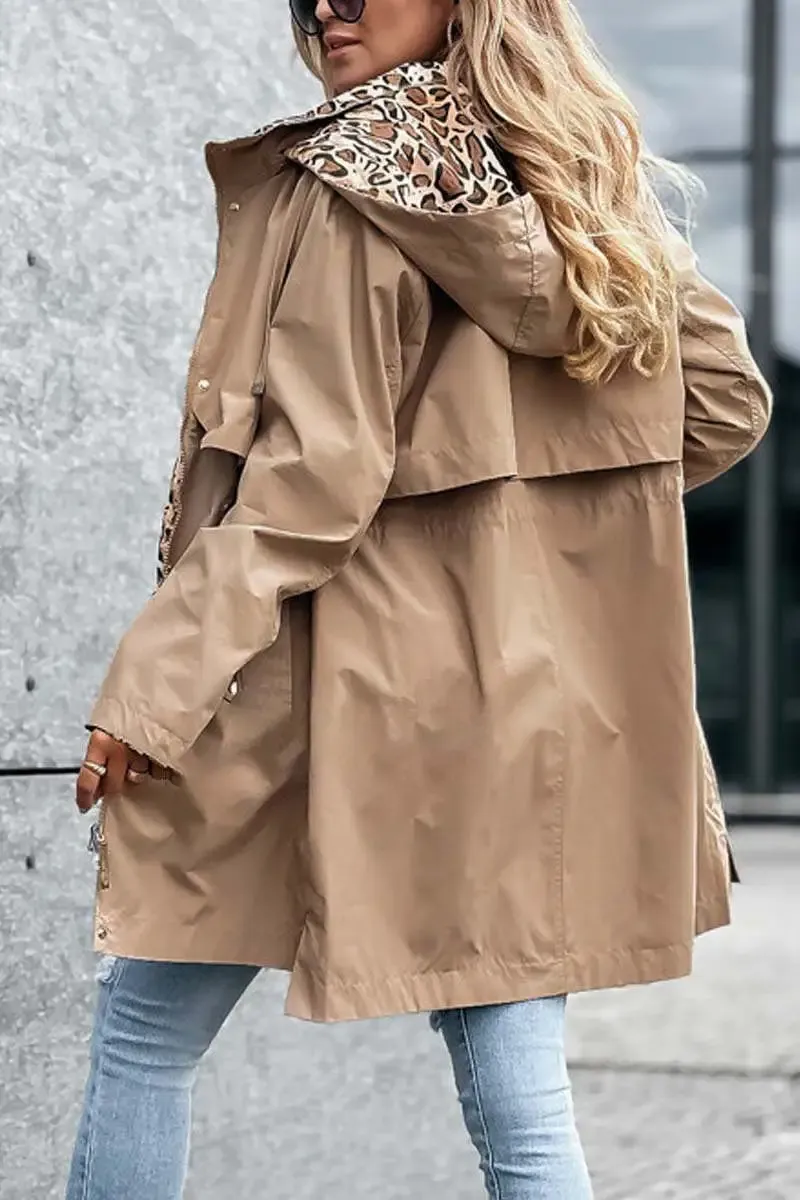 Casual Leopard Print Patchwork Hooded Windbreaker Jacket