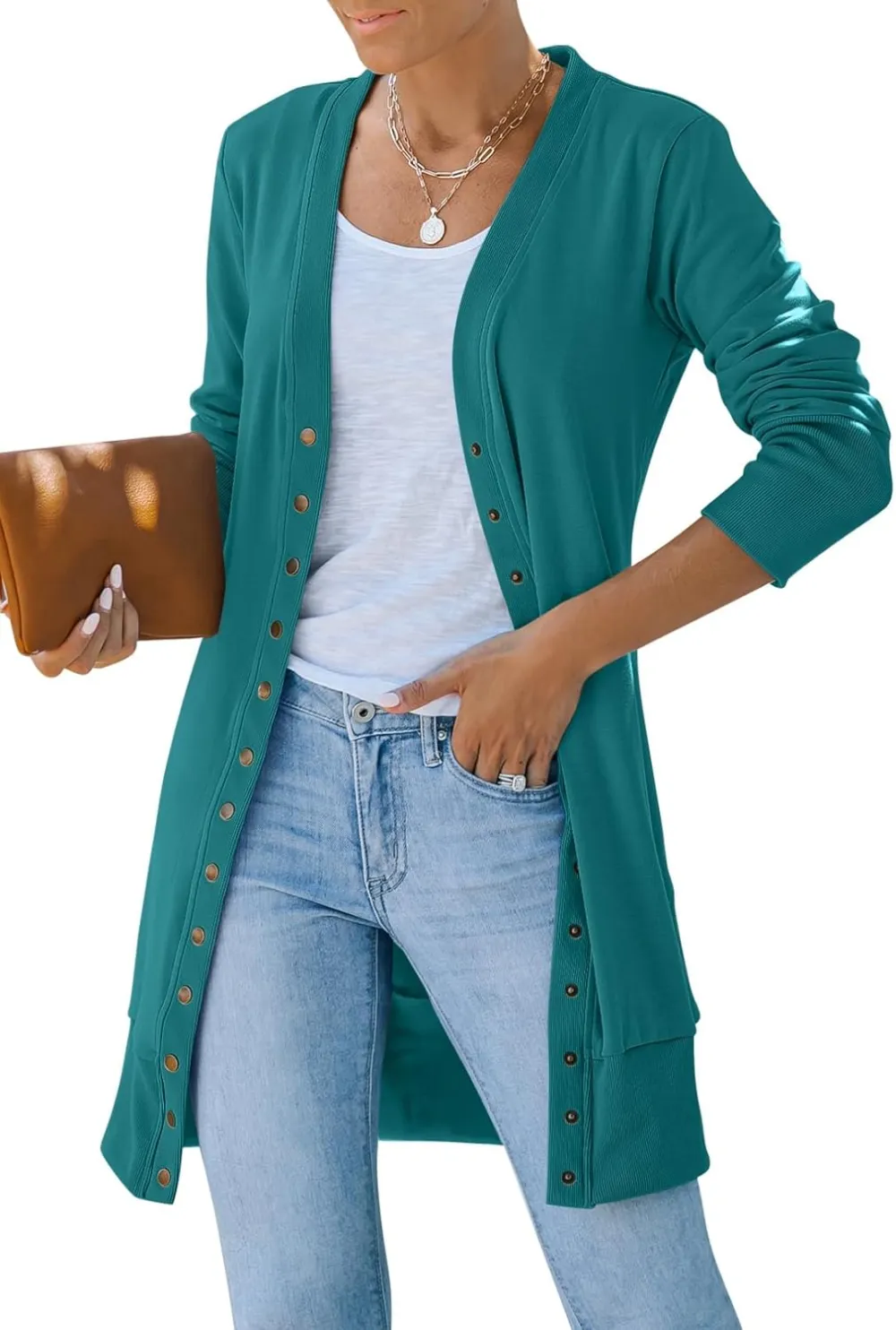 Women's 2024 Fall Long Sleeve Snap Button Down Solid Color Knit Ribbed Neckline Cardigans