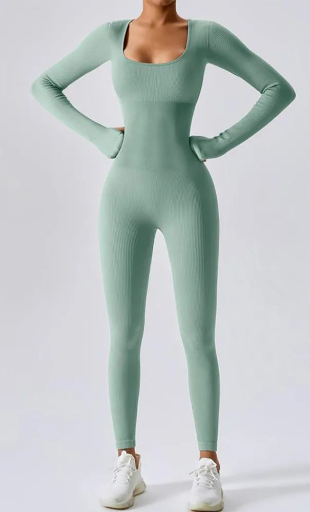 Women's Solid Ribbed Long Sleeve Sports Playsuit Tummy Control Jumpsuit, Workout Ribbed Long Sleeve Exercise Bodycon Jumpsuit