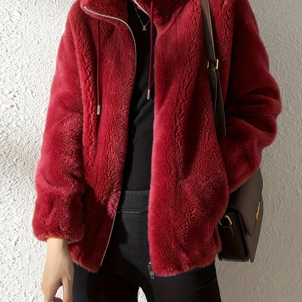 Furry Teddy Drawstring Coat - Women's Fur Outerwear, Casual Long Sleeve Zip Up Warm Jacket with Soft Plush Lining, Perfect for Winter Daily Wear