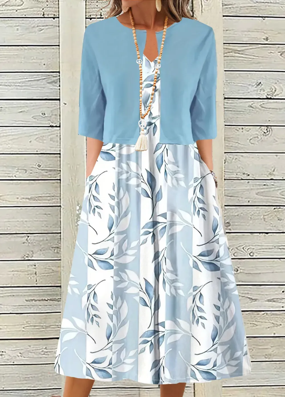 Light Blue Two Piece Leaf Print Dress and Cardigan