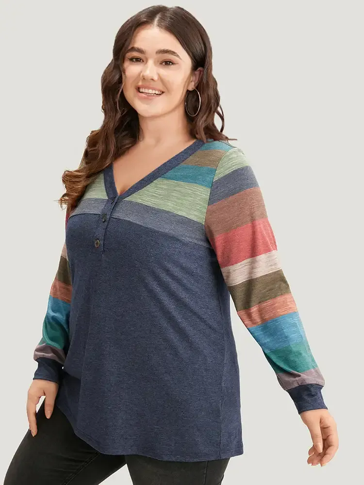 Colorblock Contrast V Neck Button Up T-Shirt