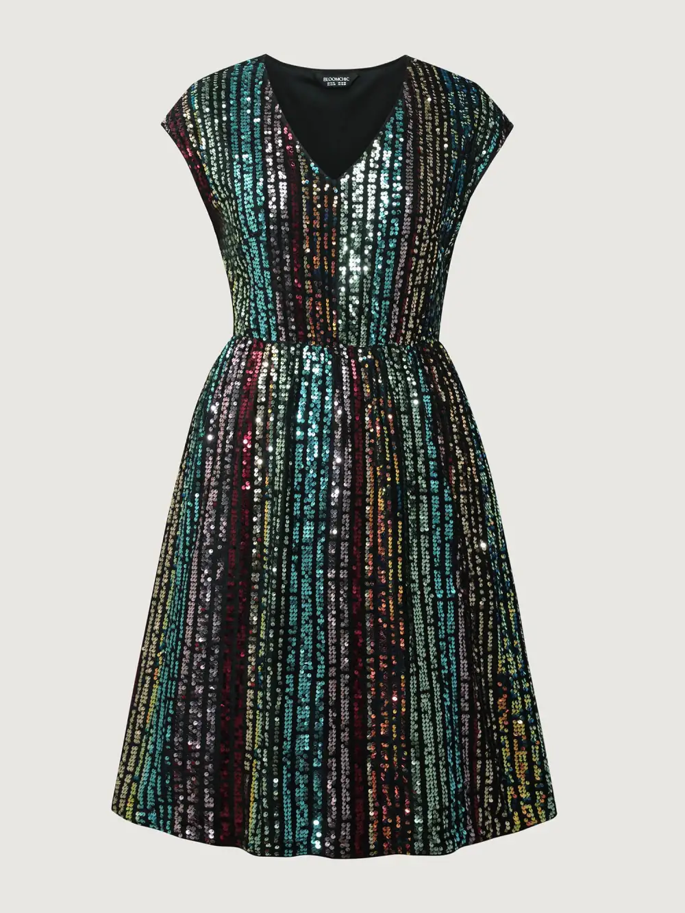 Shimmery Sequin Stripe Cinched-Waist Midi Dress