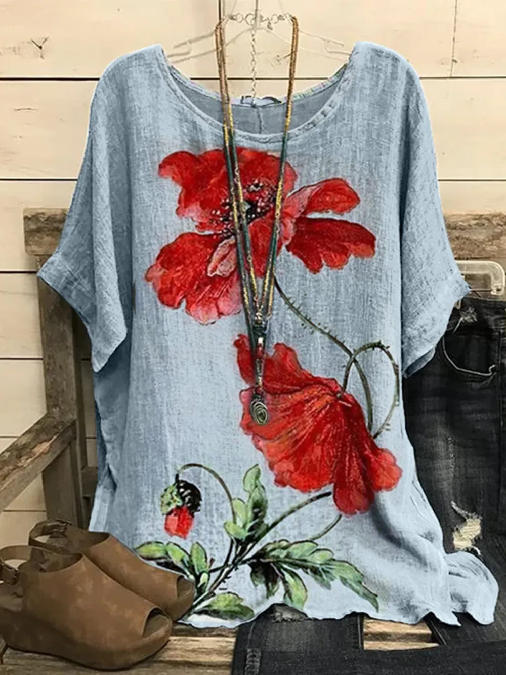 Crew Neck Floral Casual Red Flower Batwing Sleeve Slit Tops