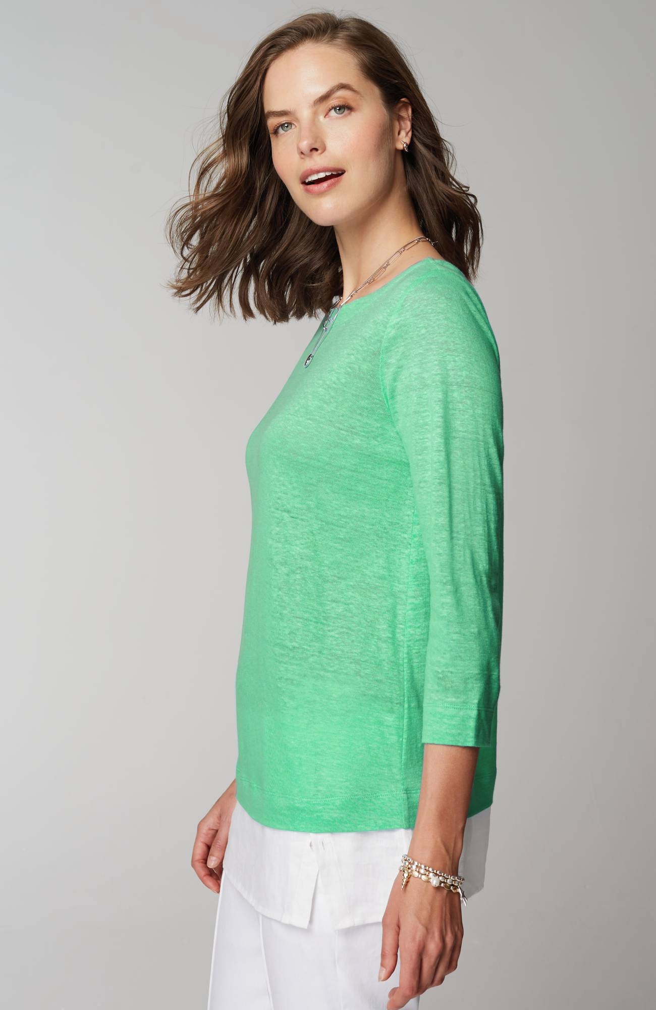 Layered-Hem Mixed-Media Linen Tunic