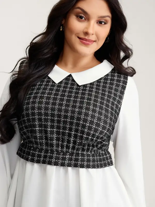 Houndstooth Pattern Color Contrast Blouse