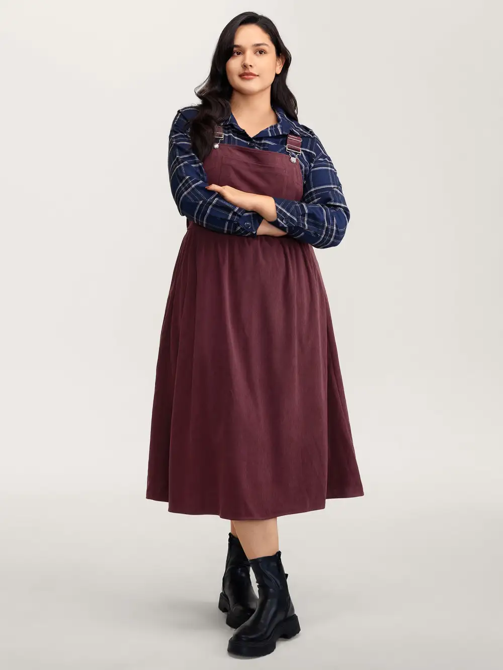 Corduroy Overall Straps Stretchy Back Midi Dress