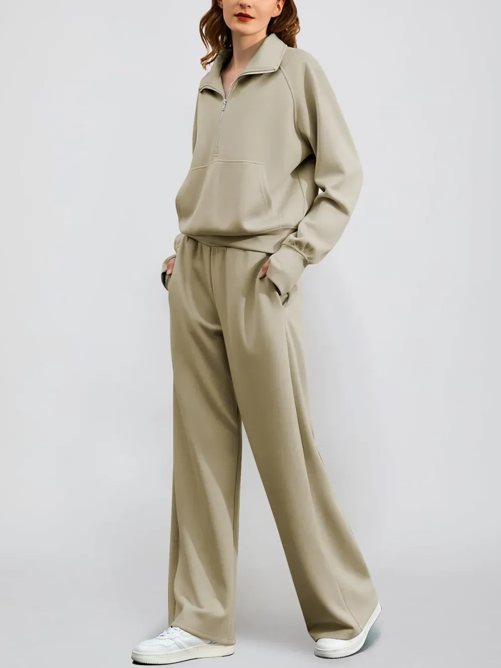 Women's Oversized Half Zip Wide Leg 2 Piece Outfits Lounge Set