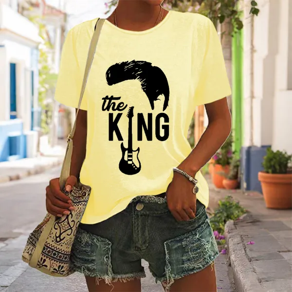 Women's The King Print Short Sleeve Round Neck Cotton T-Shirt