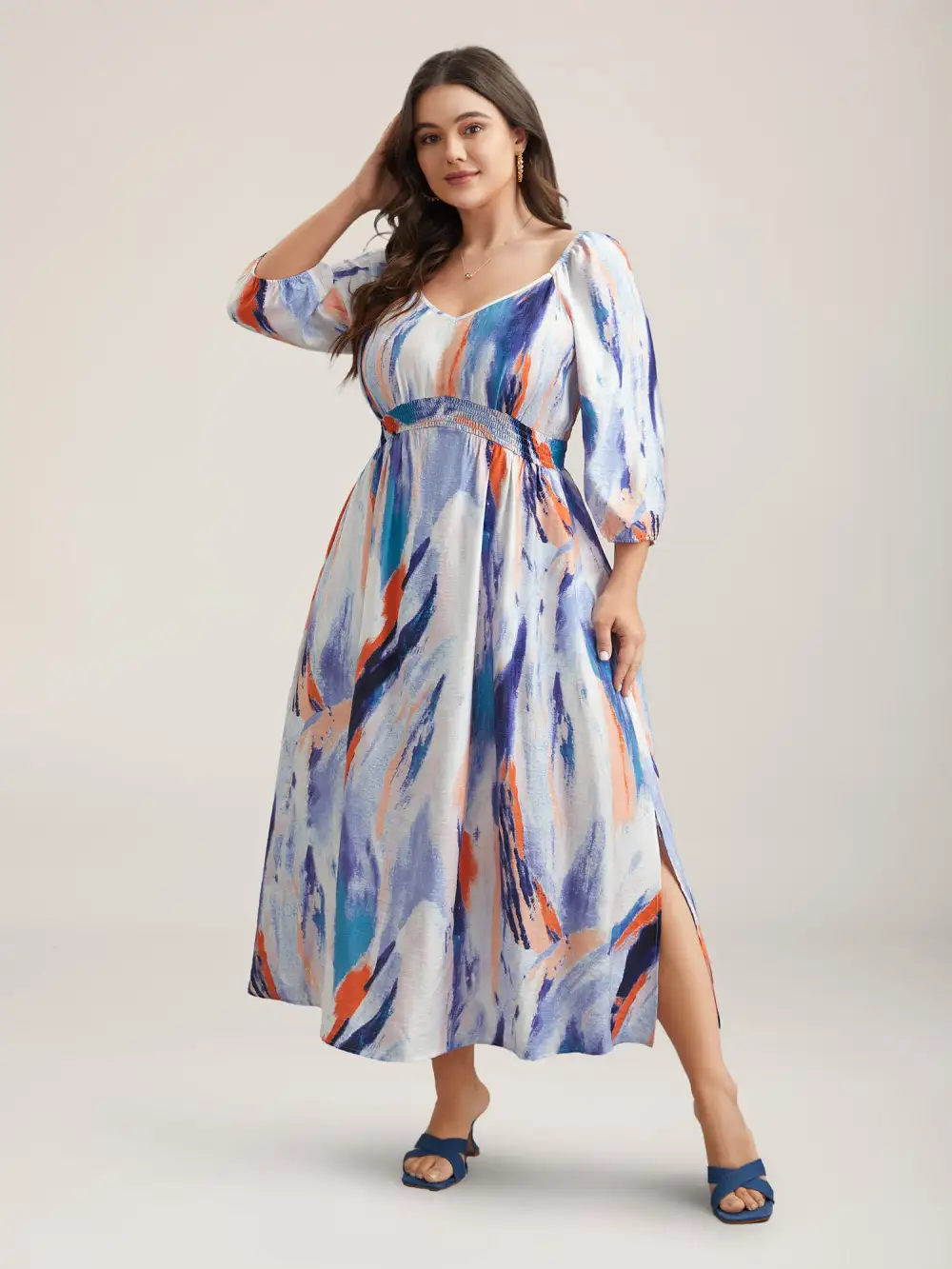 Abstract Print Waist-Cinched Split Hem Maxi Dress
