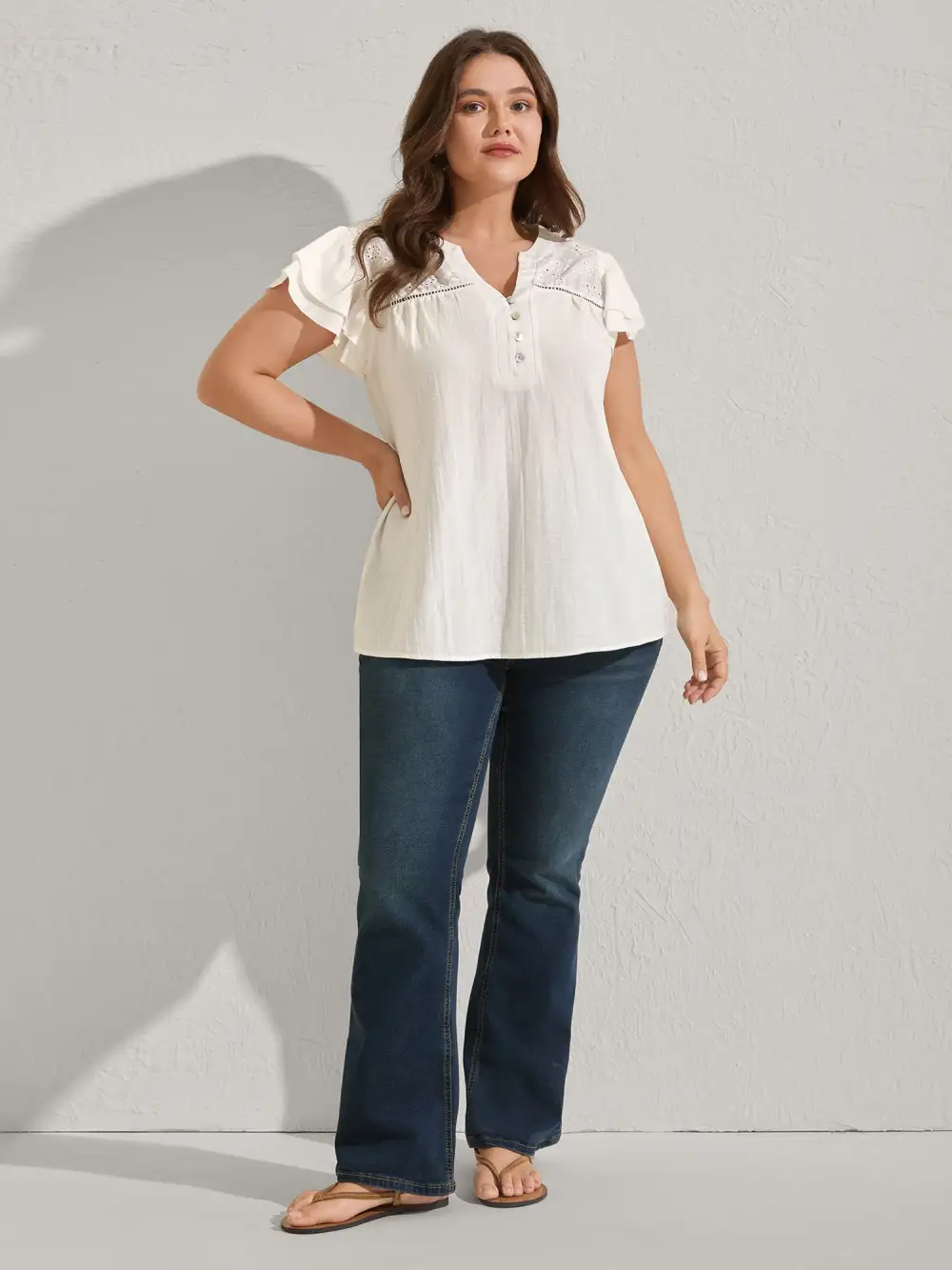 Cotton Lace Eyelet Trim Layered Sleeve Blouse