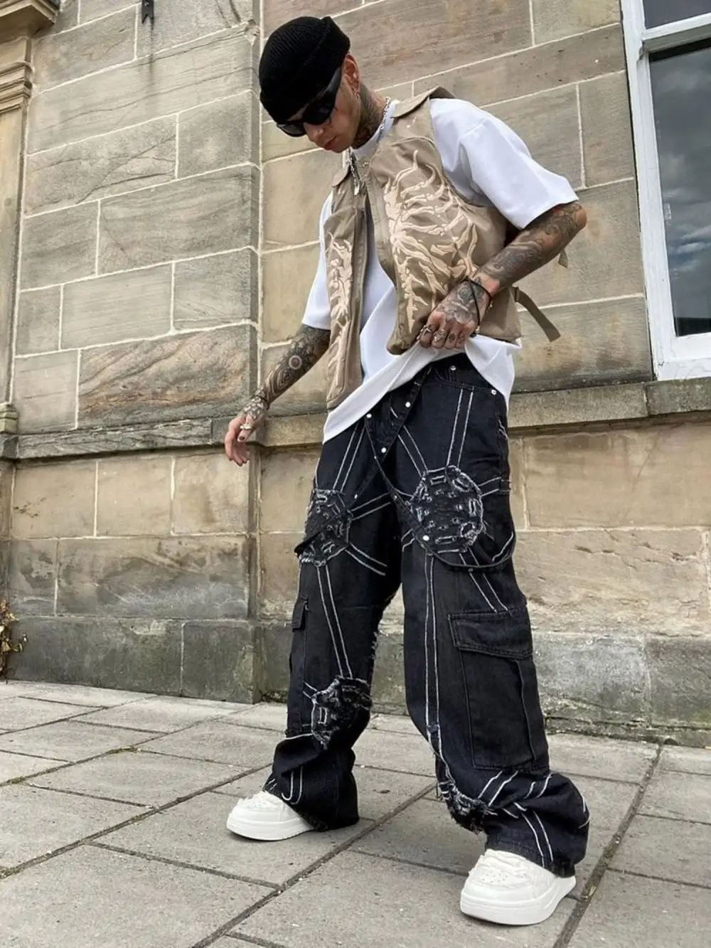 Skeleton Print Padded Cargo Vest -1201