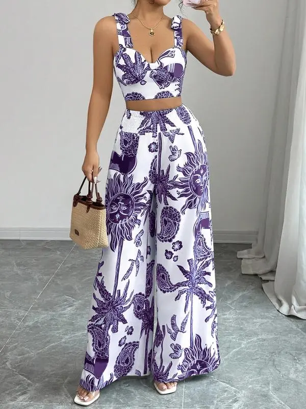 Women's 2-Piece Boho Print Crop Top & Wide Leg Pants Set – Sleeveless Beach Outfit for Summer Vacation
