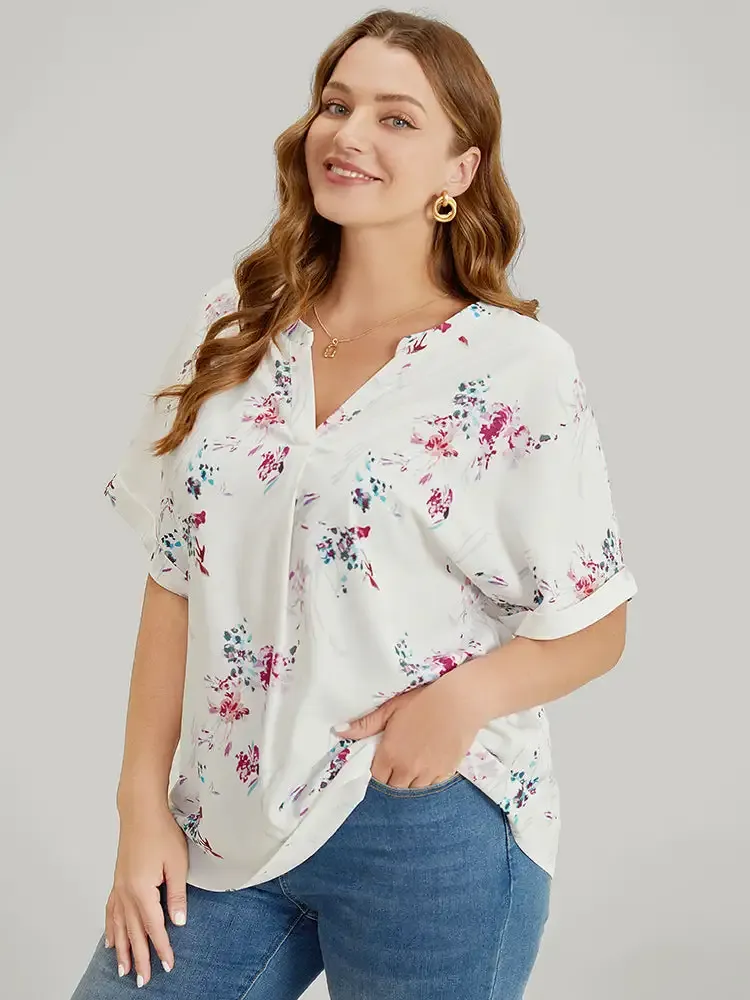 Floral Roll Batwing Sleeve Notched Neck Blouse