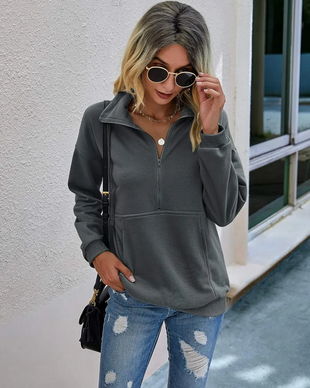 Women's Casual Long Sleeve Lapel Zipper Sweatshirt Drawstring Loose Pullover Tops