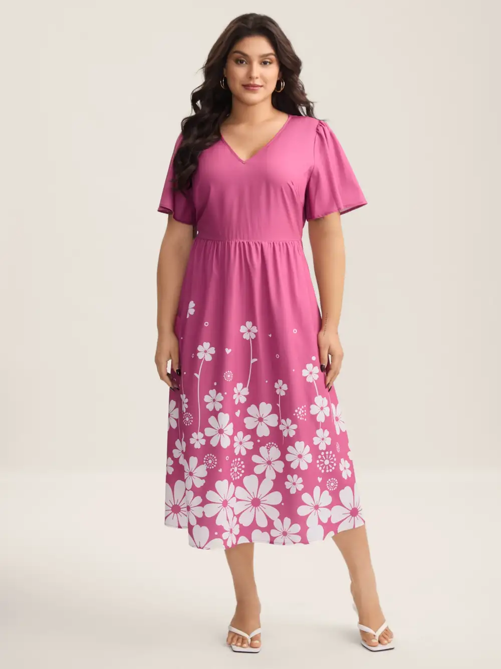 V-Neck Floral Print Flared Sleeve Dress