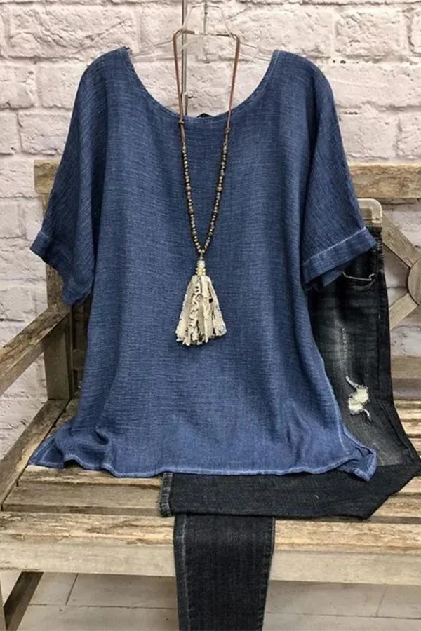 Solid Casual Round Neck Cotton & Linen T-shirt