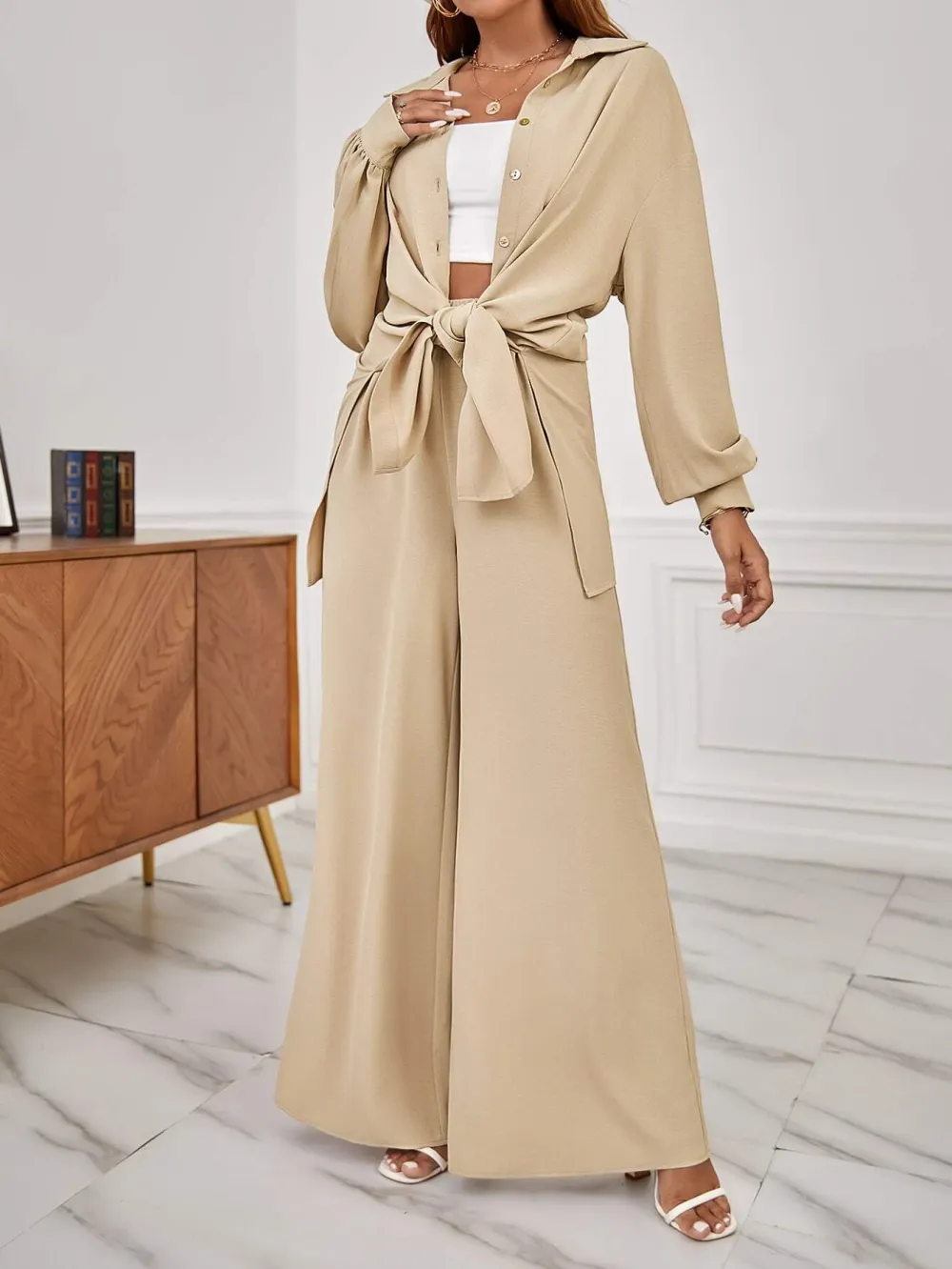 1pc Solid Button Front Shirt & 1pc Wide Leg Pants