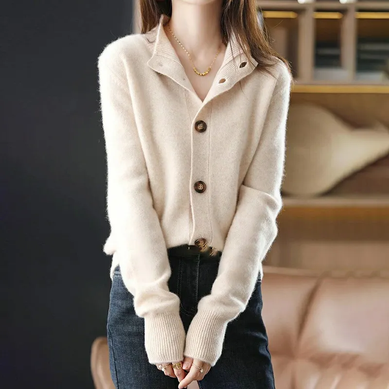 Solid Button Stand Collar Knitted Cardigan