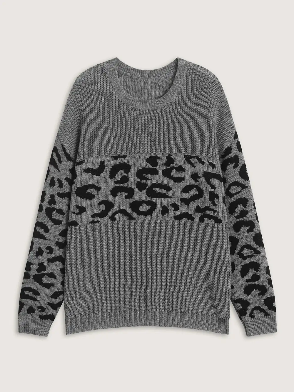 Leopard Print Round Neck Textured Pullover