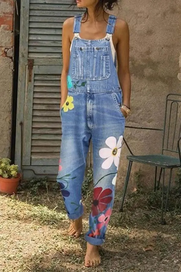 Florcoo Flower-printed Baggy Jeans With Suspenders(3 Colors)