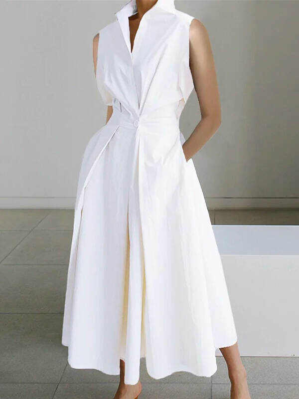 Sleeveless Solid Color Lapel Midi Dresses😊