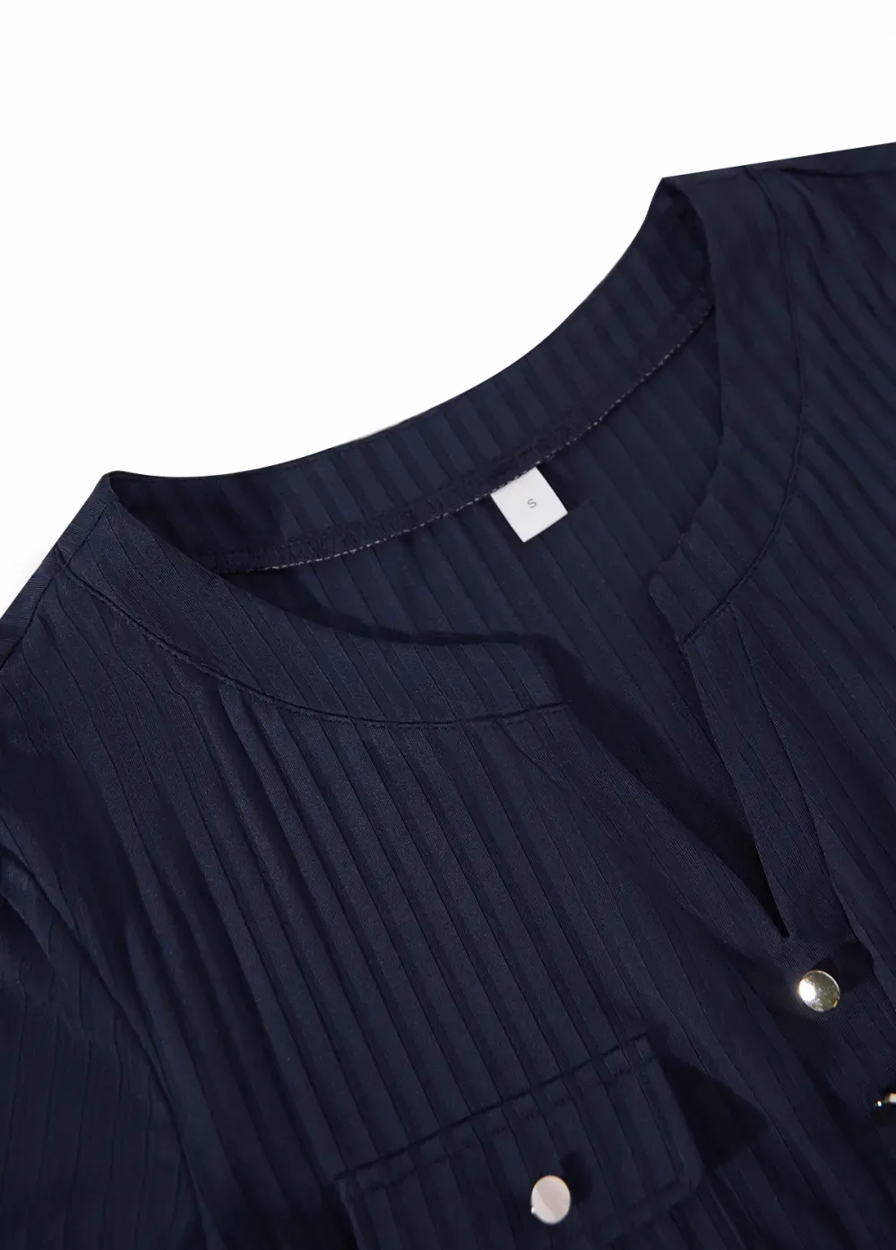 Navy Button Short Sleeve Split Neck Blouse
