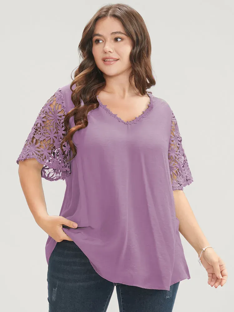 Plain V Neck Floral Patchwork Blouse