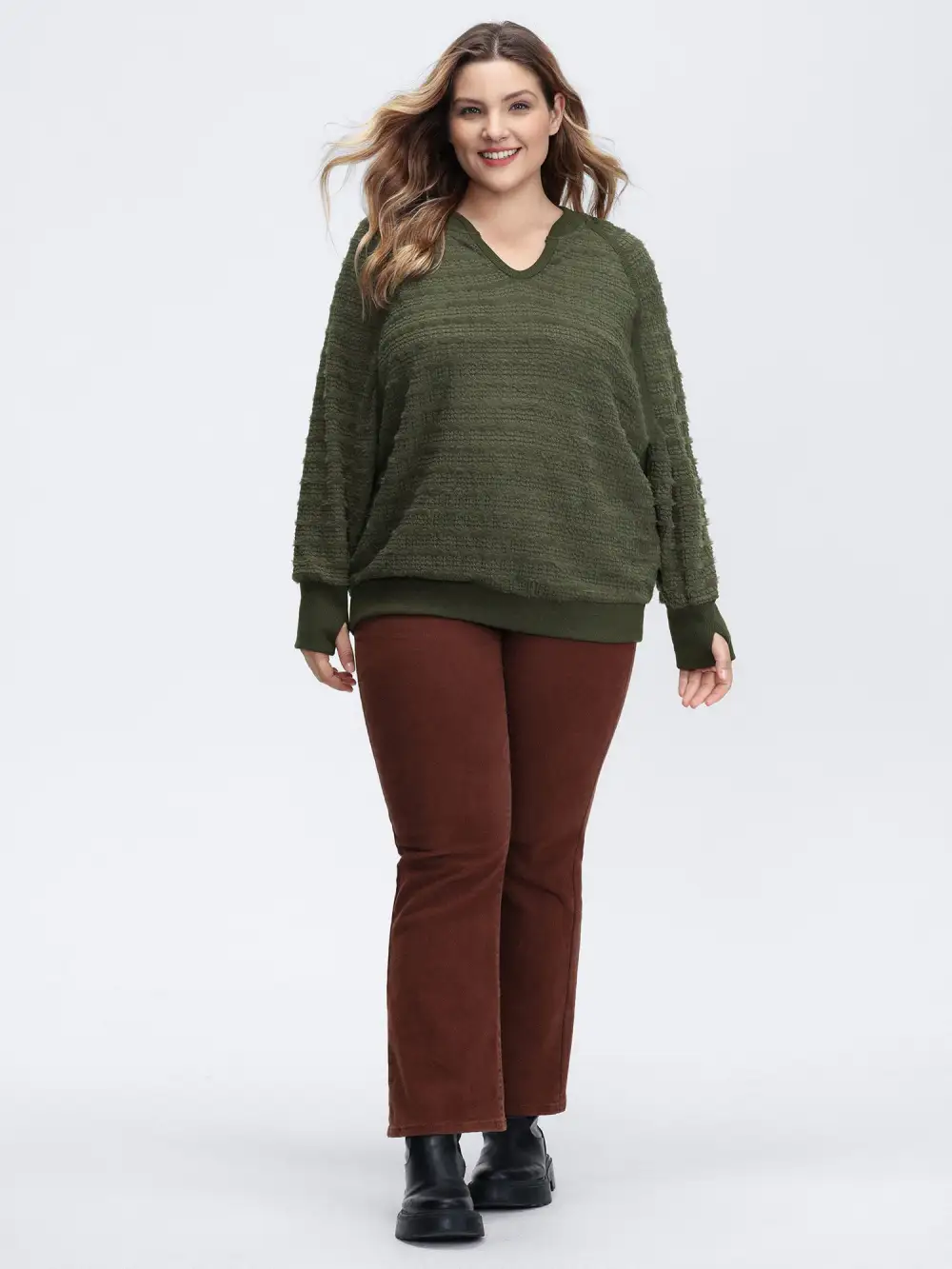 Textured V-Neck Dolman Sleeve Sweatshirt