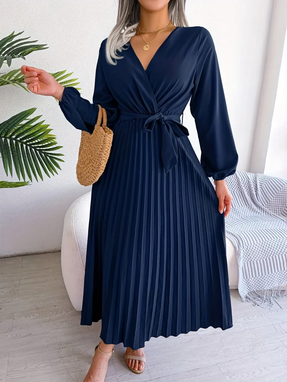 Chic Pleated Dress with Surplice Neckline