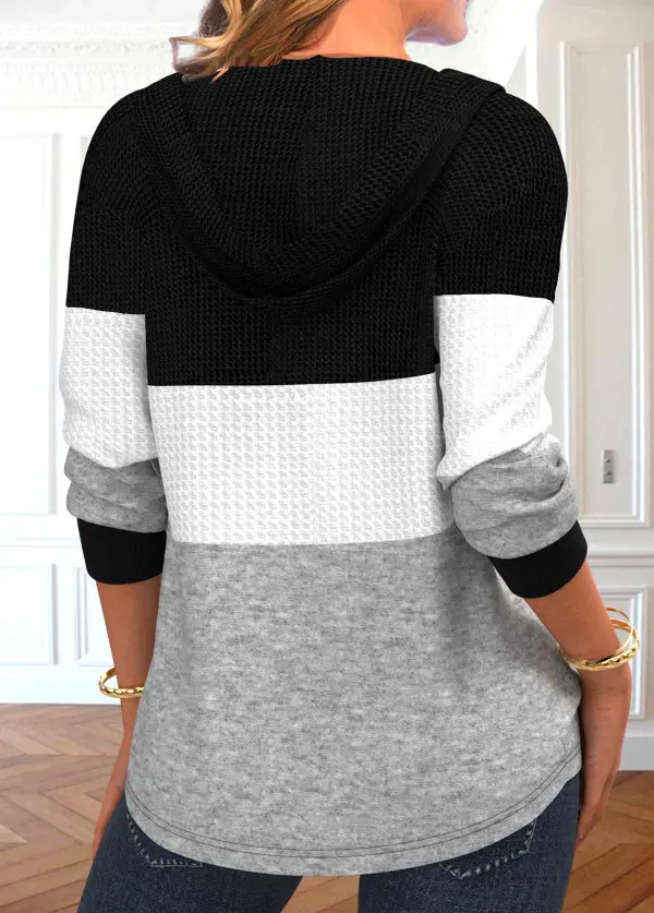 Black Patchwork Long Sleeve Contrast Hoodie