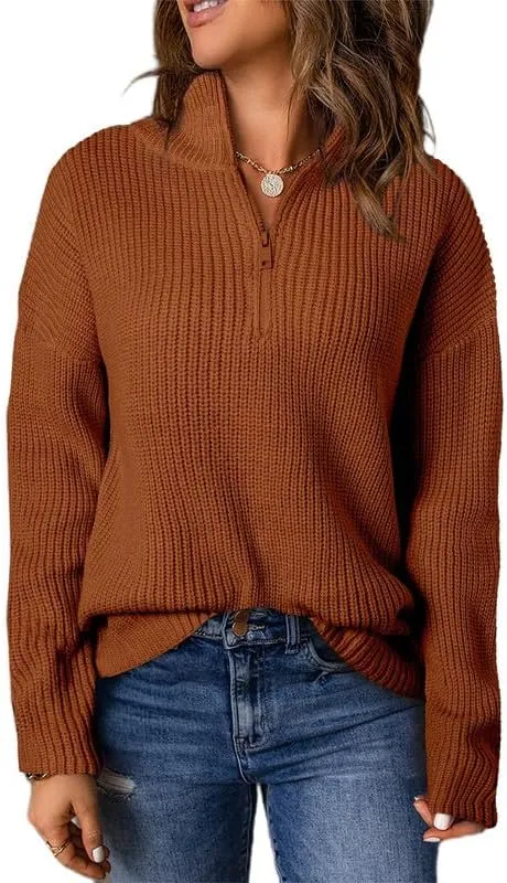 Womens Sweaters Long Sleeve 1/4 Zip Pullover Polo V Neck Dressy Casual Tops