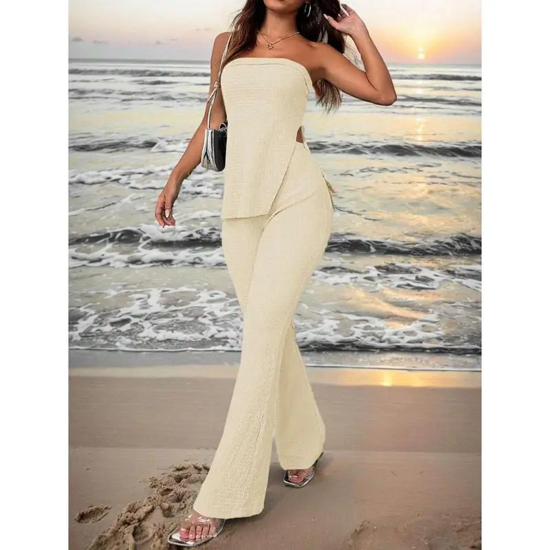 Women's Summer Two-Piece Set – Strapless Top & High-Slit Flare Pants, Casual Resort Outfit