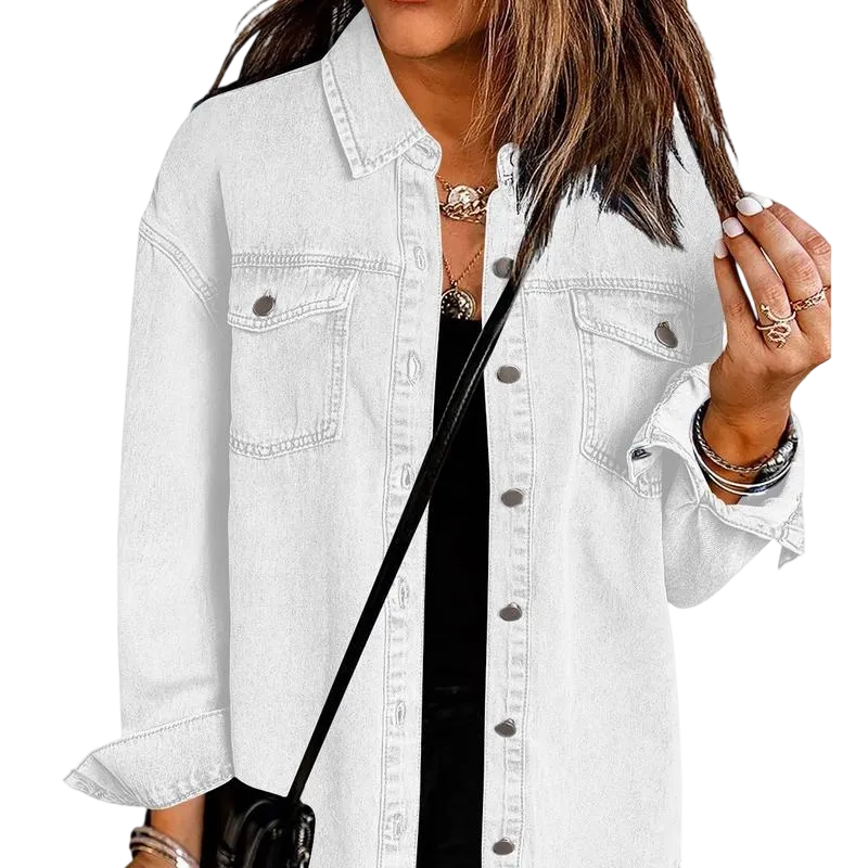 Jean Jackets for Women Ripped Fringe Denim Jean Jacket Casual Long Sleeve Pockets Jackets