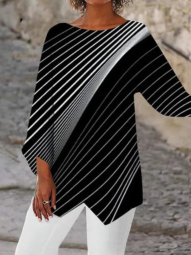 Women's Shirt Blouse Black White Light Grey Graphic Butterfly Asymmetric Print Long Sleeve Casual Basic Round Neck Regular Fit Butterfly Spring Fall