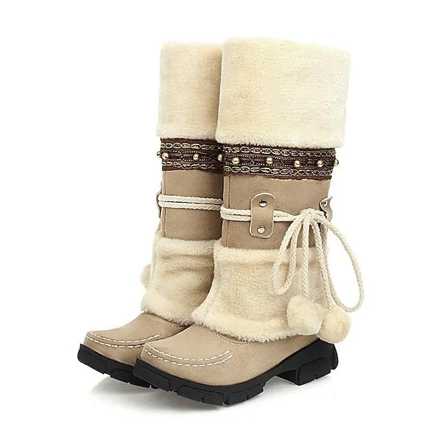 Women's Boots Snow Boots Plus Size Outdoor Daily Fleece Lined Knee High Boots Winter Bowknot Pom-pom Chunky Heel Round Toe Casual Industrial Style PU Lace-up Black Purple Brown