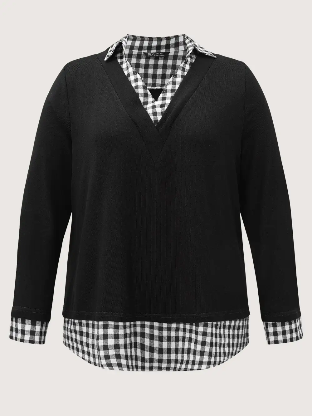 Gingham Patchwork Shirt Collar Arc Hem Sweatshirt